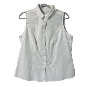 Foxcroft Button Front Sleeveless Top Petite 14 14P White Cotton Preppy Casual
